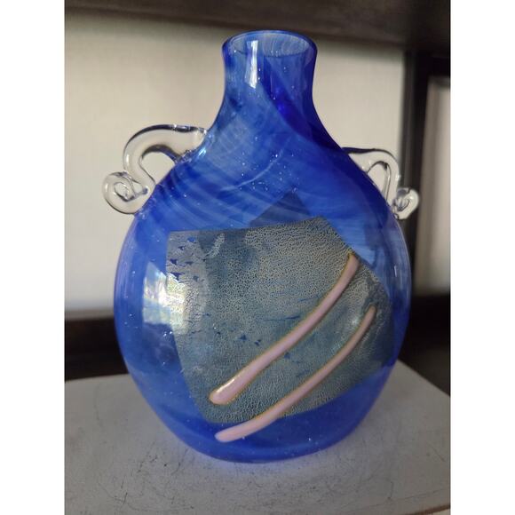 1994 Signed Blue Art Glass Vase 5.5" Cape Cod Studio Silver Foil Accent Signed - Picture 2 of 10